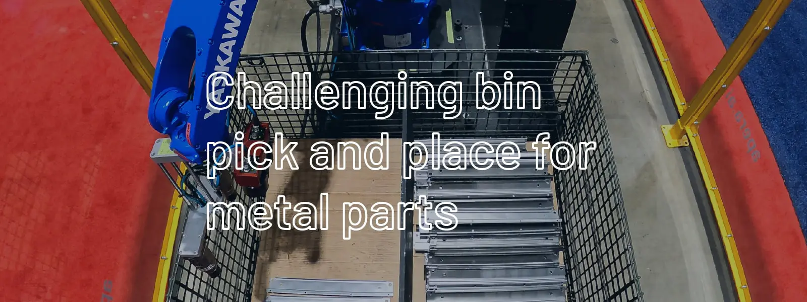 Picking challenging long metal stamped parts out of a deep bin, then showing a precision assembly step using an industrial robot.