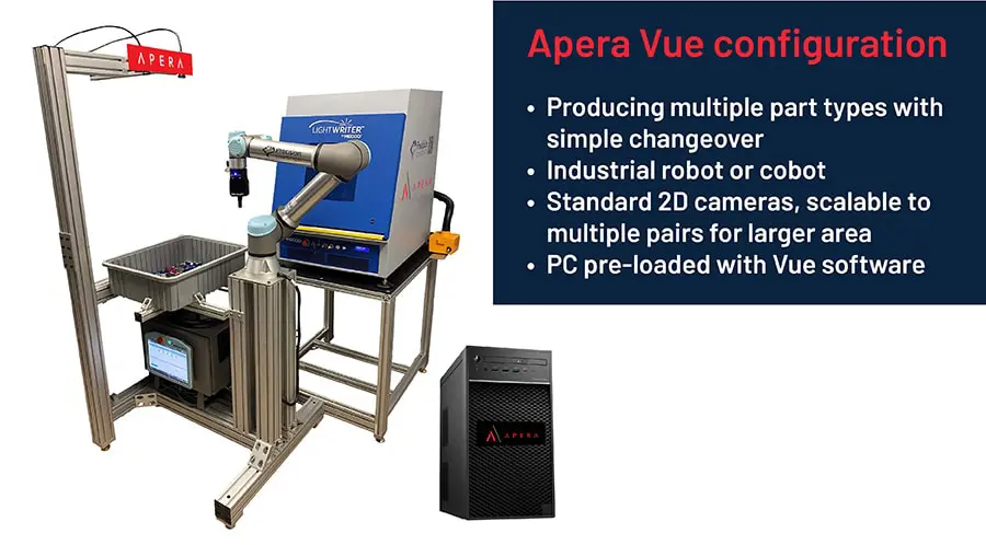 A robotic system for machine tending from Apera AI includes a PC pre-loaded with Apera Vue robotic vision software, 2D camera pairs.