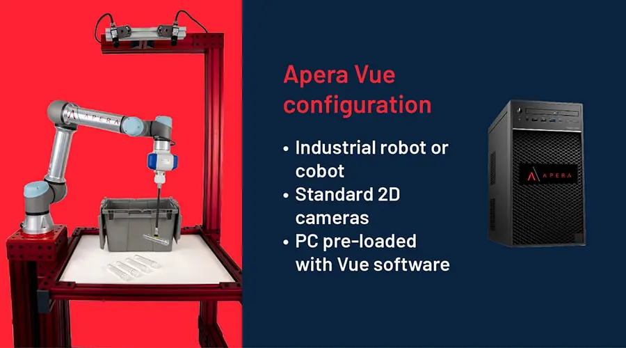 Apera AI's Vue software is supported by a simple setup using 2D cameras and a standard industrial PC.