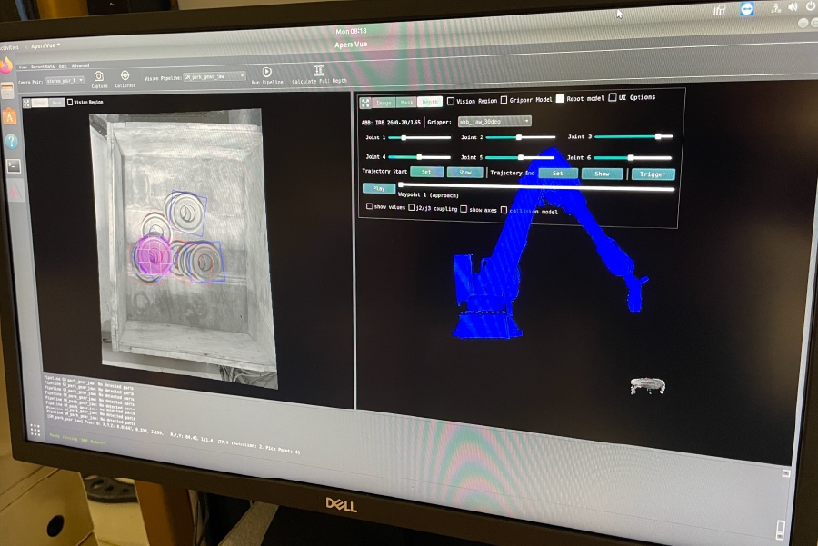 Apera AI's Vue robotic vision software in the application at Hastech. When training our AI systems in the application, the training includes the robot model, end-of-arm tool, and objects being handled. Training continues until we achieve production-level reliability.